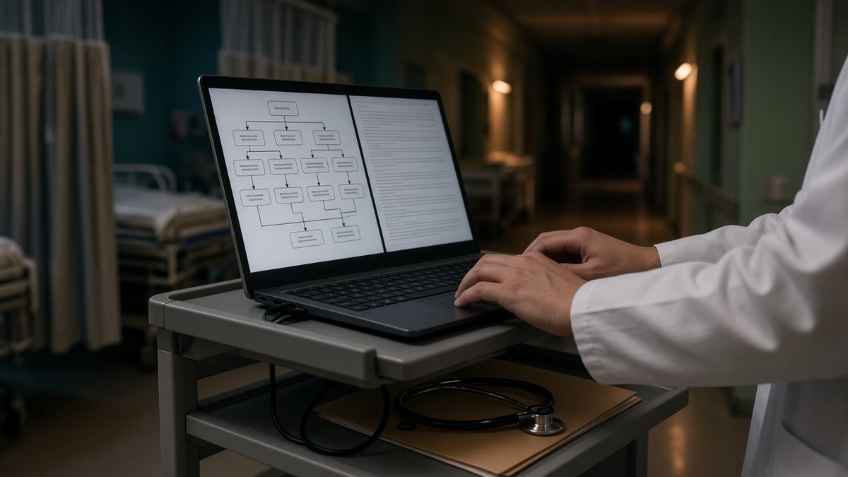 A clinician's hands typing on a laptop on a mobile ward-rounds cart in a hospital emergency department corridor, the screen showing a branching diagnostic flowchart beside a panel of typed case notes, with a stethoscope and a patient case file on the cart shelf.