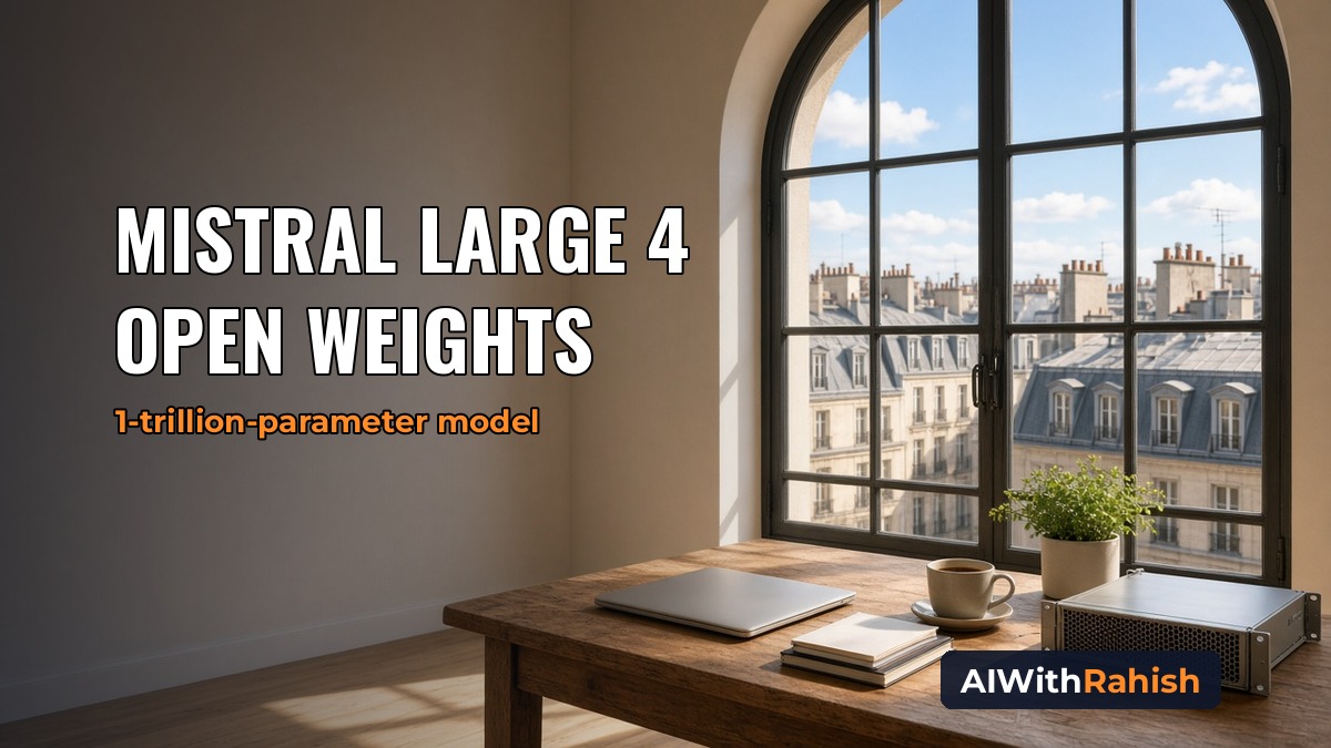 A sunlit Paris loft with a tall arched window over Haussmann rooftops, and a rustic wooden desk holding a closed laptop, notebooks, a coffee cup, a potted plant and a compact server unit, with the headline MISTRAL LARGE 4 OPEN WEIGHTS, the orange subline 1-trillion-parameter model, and an AIWithRahish badge in the bottom-right corner