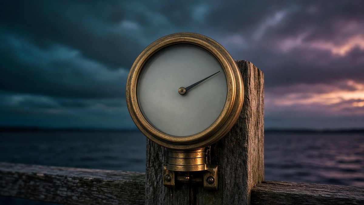 Antique brass barometer with a blank dial on a weathered dock post under stormy teal and violet dusk clouds