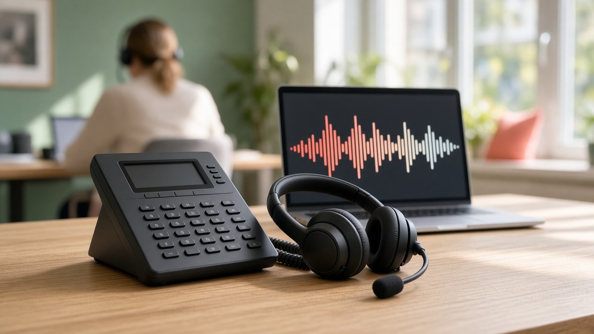 Black over-ear headset with boom microphone beside a desk phone on an oak desk, with a laptop showing a coral audio waveform and a headset-wearing agent seen from behind