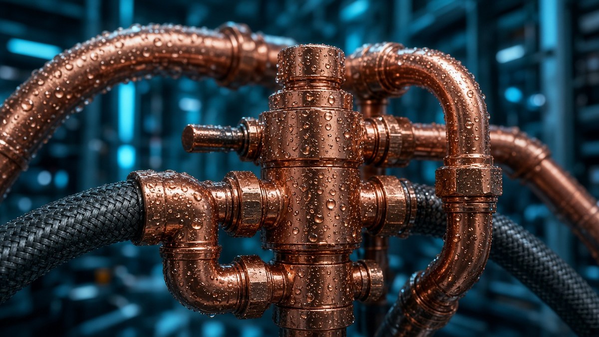 Photo of copper liquid-cooling pipes and braided hoses meeting at a manifold valve in a data centre, representing Modal's GPU cloud Series D