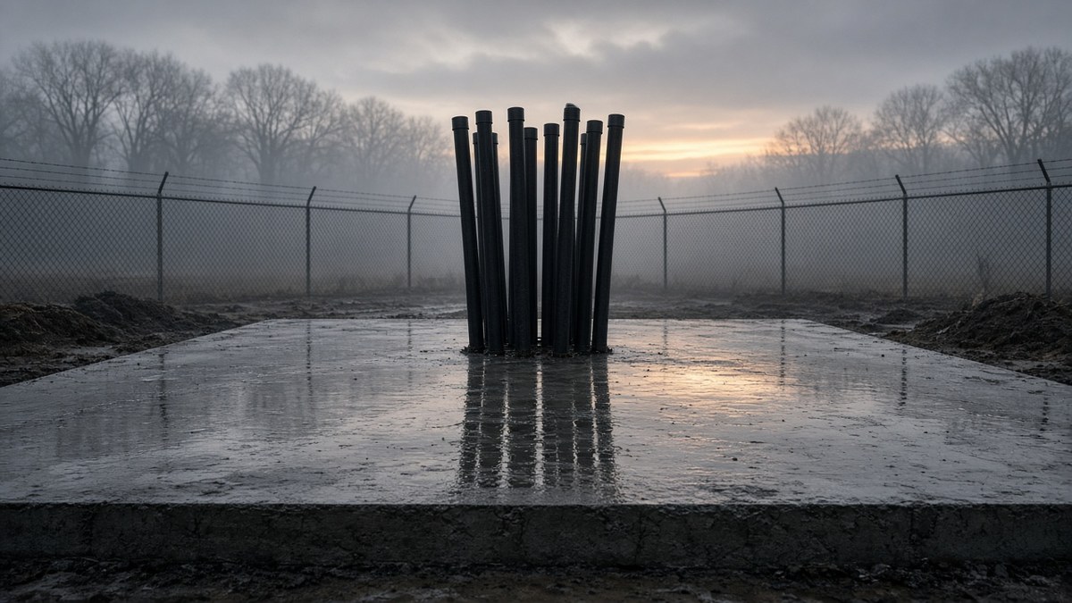 Unconnected black power-cable conduits rising from an empty concrete foundation slab on a fenced construction site at grey dawn