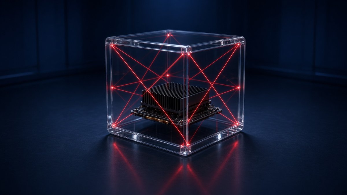 A computer processor module inside a transparent cube surrounded by red laser security beams, representing secure AI compute for agentic safety research