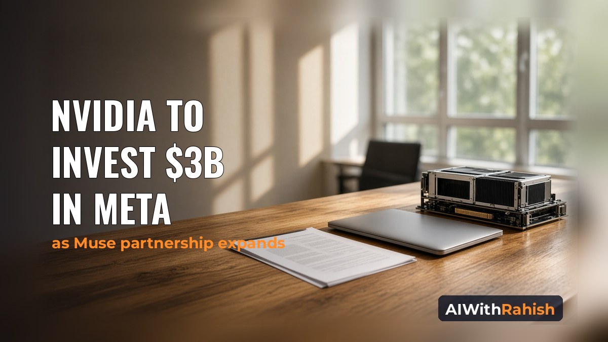 Sunlit oak conference table with an unbranded GPU server board, a closed laptop and a printed document, with the headline NVIDIA TO INVEST $3B IN META, an orange subline as Muse partnership expands, and an AIWithRahish badge in the bottom-right corner