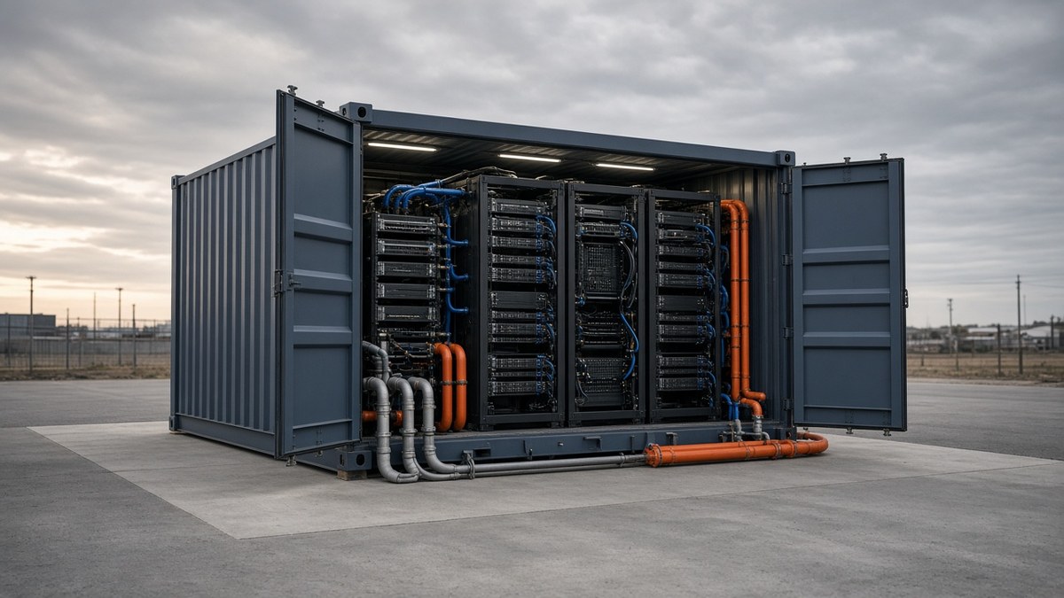NVIDIA DSX POD — An open slate-blue steel container on a concrete pad holding rows of black liquid-cooled server racks, with orange and grey coolant pipes running into it under an overcast sky
