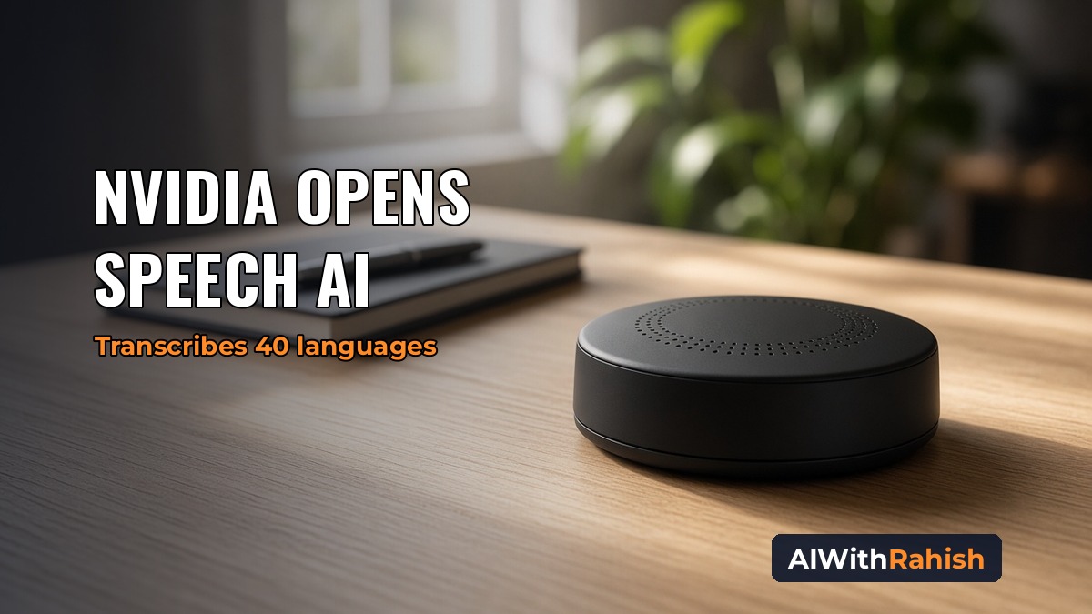 Unbranded black conference puck microphone on a sunlit oak meeting table beside a notebook and pen, the headline NVIDIA OPENS SPEECH AI with the orange subline Transcribes 40 languages, and an AIWithRahish badge in the bottom-right corner