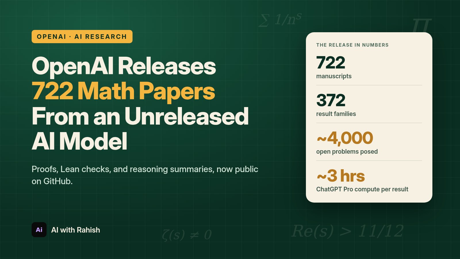 Cover: OpenAI releases 722 math papers from an unreleased AI model, with 372 result families, about 4,000 open problems posed, and about 3 hours of ChatGPT Pro compute per result, for AI with Rahish