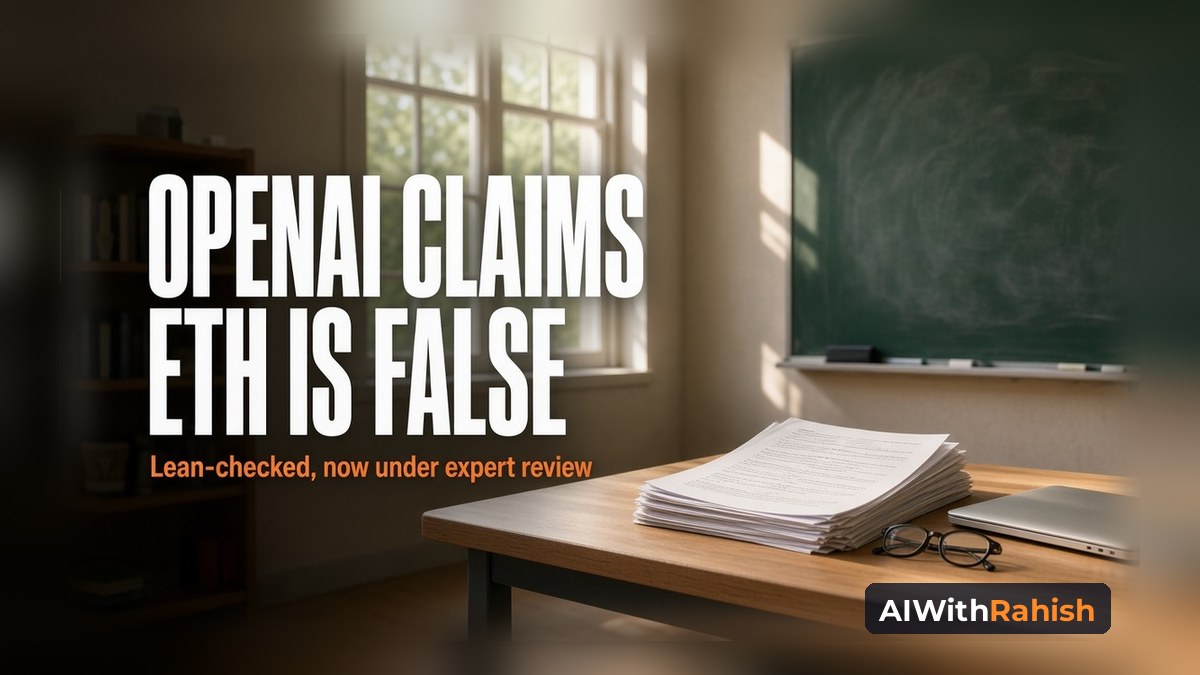Sunlit empty seminar room with an erased chalkboard, a stack of printed proof pages, a closed laptop and reading glasses on a wooden desk, headline OPENAI CLAIMS ETH IS FALSE with an orange subline Lean-checked, now under expert review, and an AIWithRahish badge in the bottom-right corner