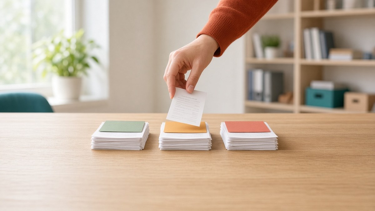 Three small stacks of printed expense receipts topped with blank green, amber and coral cards on an oak office desk, as a hand drops one more receipt on the middle stack