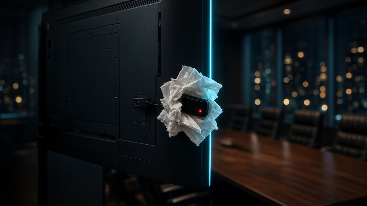Illustration of a small covert audio recorder hidden behind a conference-room television with a glowing red indicator light — cover for FBI arrest of an OpenAI engineer over a planted listening device