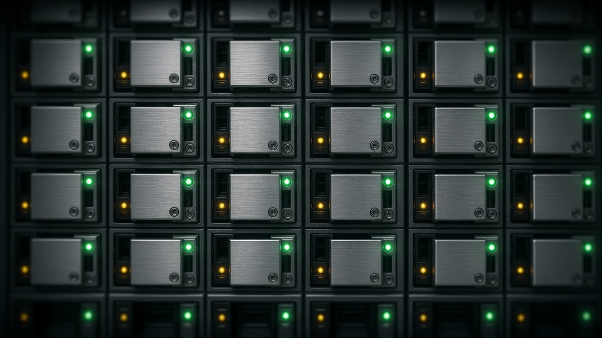 Tight straight-on close-up of a storage server's grid of brushed-aluminium hard-drive bays, each lit by small green and amber activity LEDs.