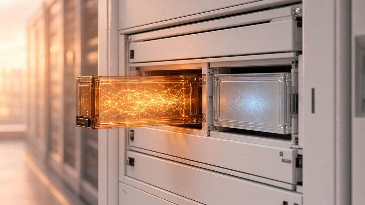 Photorealistic server rack with a dimming amber AI module being pulled out beside a new pale-blue module — cover for OpenAI GPT-4o and GPT-4.1 API shutdown January 2027