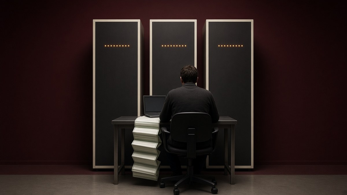 Engineer seen from behind at a steel desk with a laptop and white fanfold printout paper cascading over the edge, in front of three cream-framed charcoal mainframe cabinets with amber status lights in a burgundy-walled computer room
