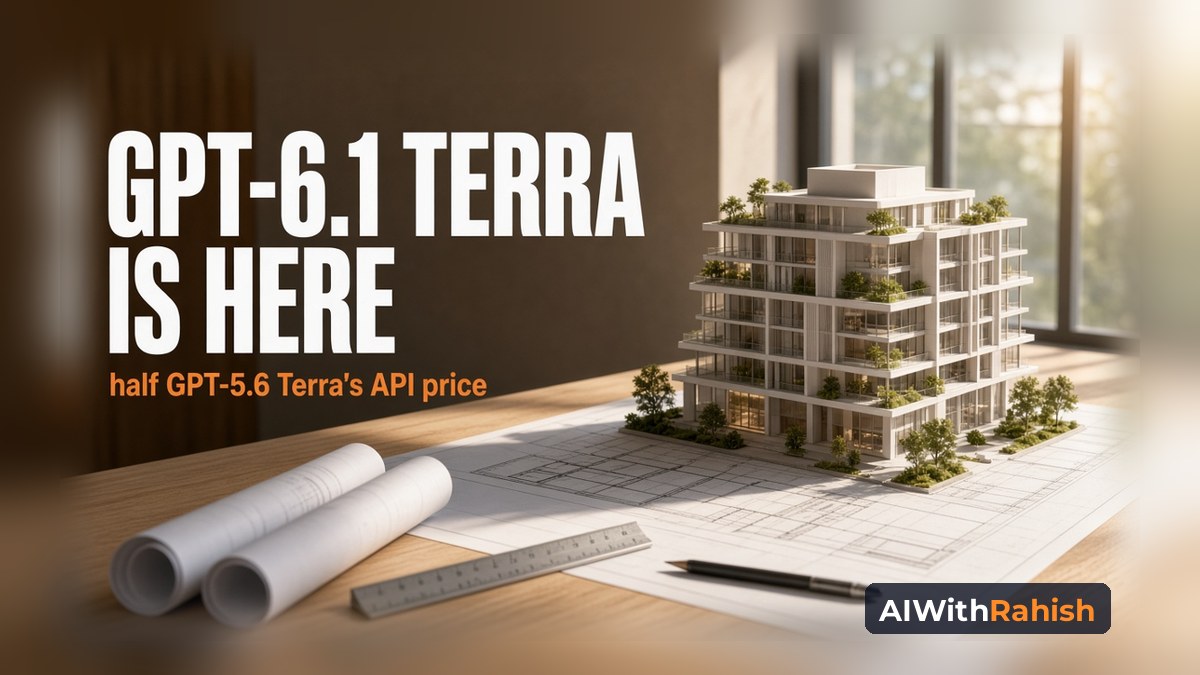 A white scale model of a mid-rise building on a technical drawing on a sunlit wooden drafting table, with the headline "GPT-6.1 TERRA IS HERE", an orange subline "half GPT-5.6 Terra's API price" and an AIWithRahish badge in the bottom-right corner.