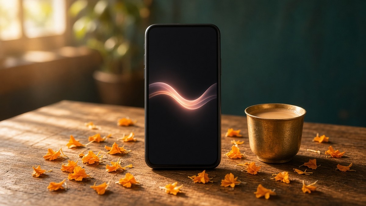 Photo of a smartphone showing a glowing sound wave on a wooden table with marigold petals and a brass cup of chai