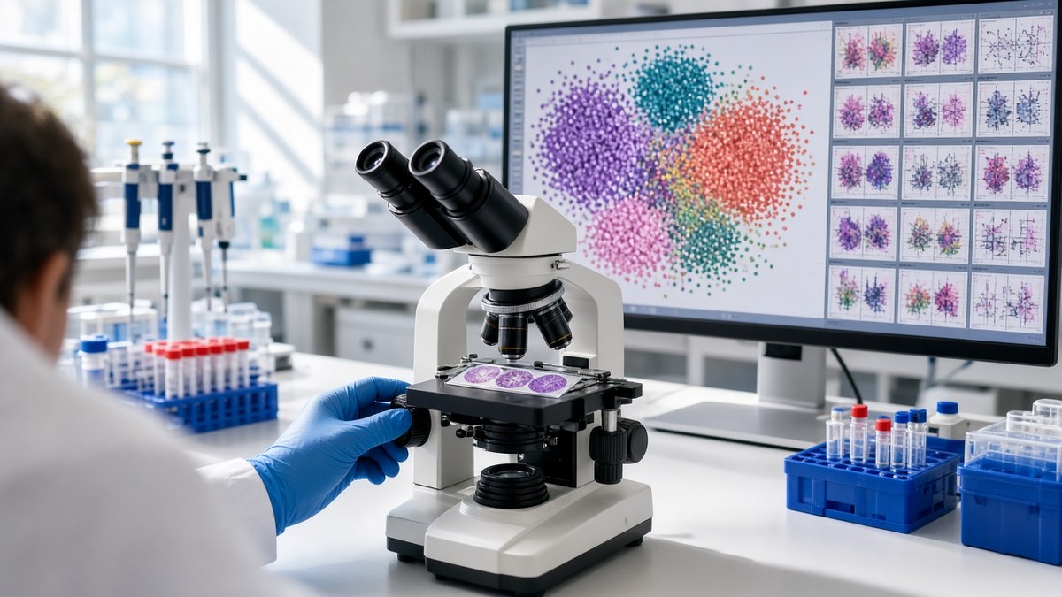 A scientist in a white lab coat and blue gloves, seen from behind, adjusts a microscope holding a stained brain-tissue slide while a monitor shows colourful single-cell cluster plots and a grid of analysis panels.
