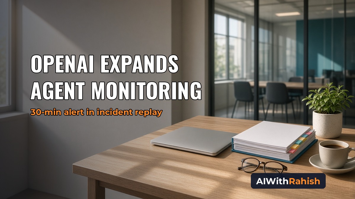 A sunlit AI safety research office with a closed silver laptop, a tabbed incident review binder, reading glasses and coffee on an oak desk, with the headline OPENAI EXPANDS AGENT MONITORING in bold white, the orange subline 30-min alert in incident replay, and the AIWithRahish badge in the bottom-right corner