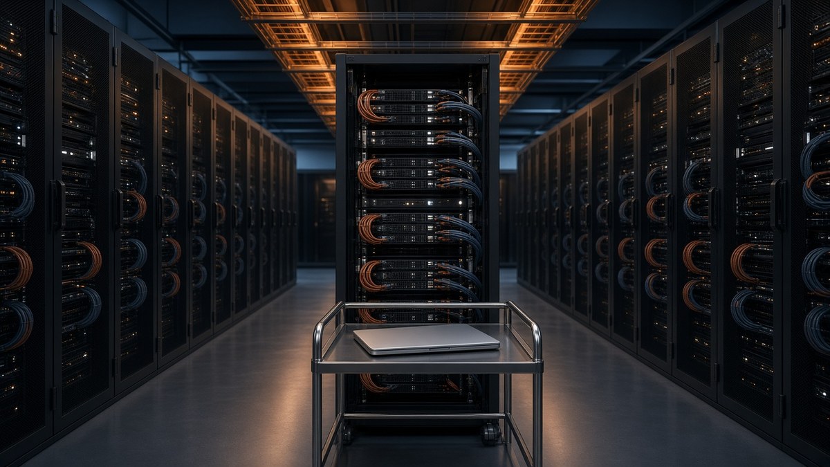 A cloud data centre aisle with rows of black server racks, a central open rack of servers wired with orange and blue cables, and a closed laptop on a steel cart under amber cable trays.