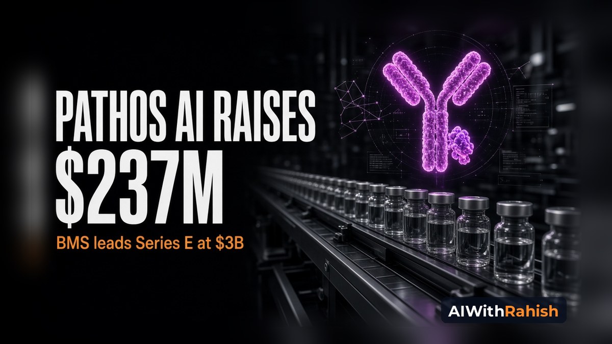 Cinematic photo of glass drug vials on a dark pharmaceutical production line beneath a glowing magenta hologram of an antibody-drug conjugate, with the headline PATHOS AI RAISES $237M, an orange subline reading BMS leads Series E at $3B, and an AIWithRahish badge in the bottom-right corner