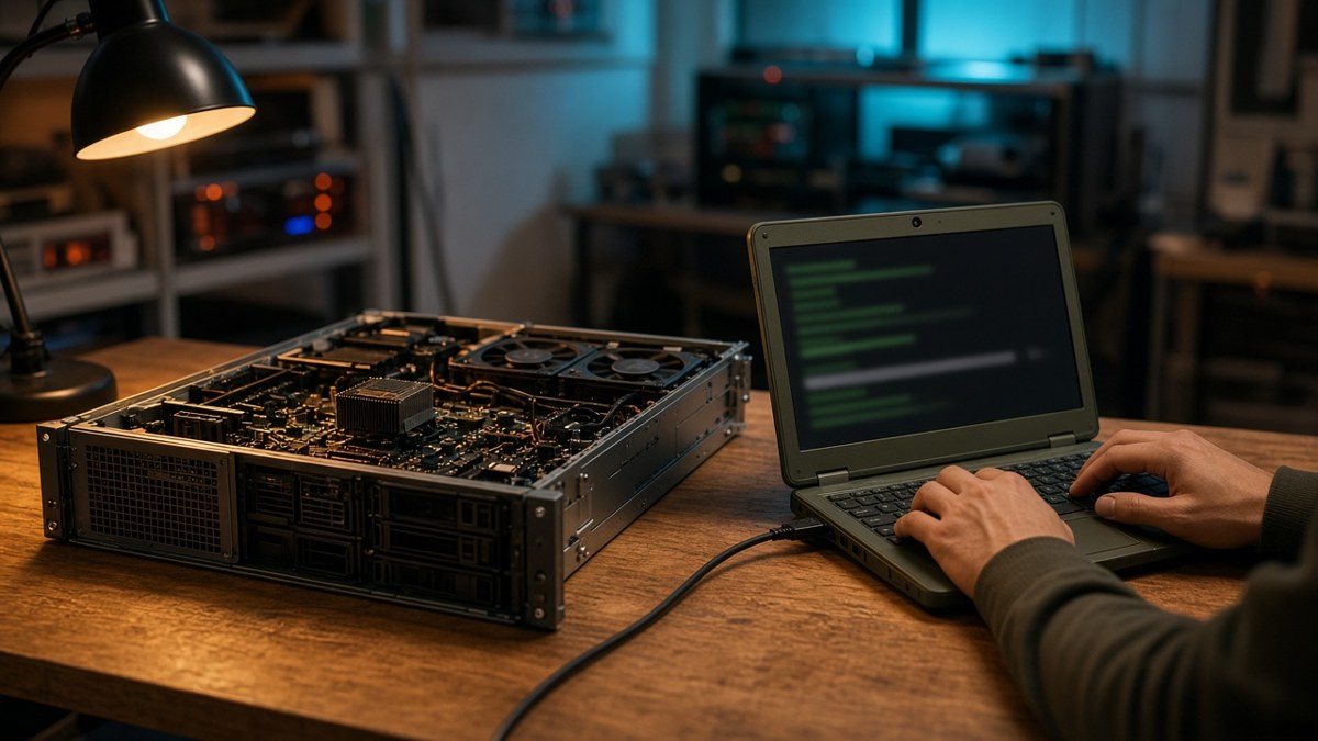 An opened unbranded rack server on a wooden workbench cabled to a laptop where a sysadmin's hands type in a terminal under a desk lamp.