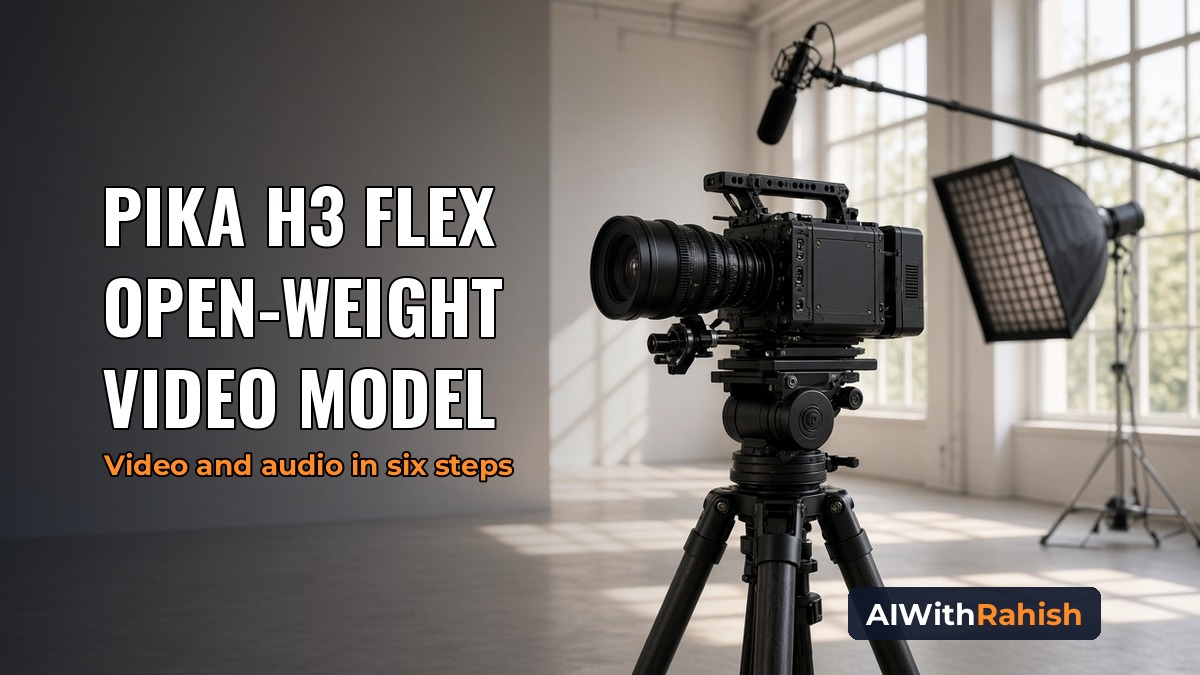 An unbranded black cinema camera on a tripod in a bright white film studio with tall windows, a boom microphone and a softbox in daylight, with the headline PIKA H3 FLEX OPEN-WEIGHT VIDEO MODEL, the orange subline Video and audio in six steps, and an AIWithRahish badge in the bottom-right corner
