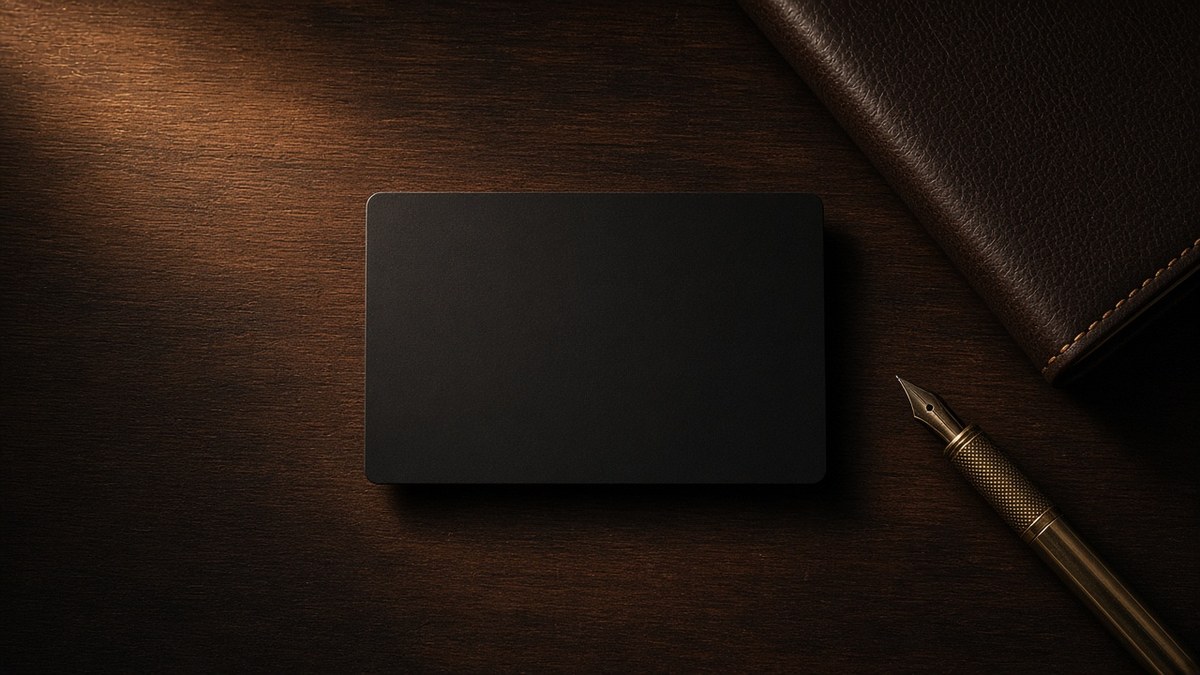 Matte black corporate card on a dark walnut desk beside a leather notebook and brass fountain pen under warm lamp light