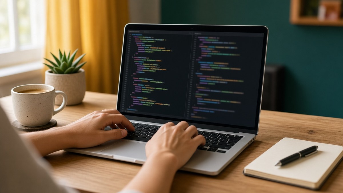 Developer's hands typing on a silver laptop showing a split-pane code editor, on an oak desk with a coffee mug, succulent and notebook by a mustard curtain