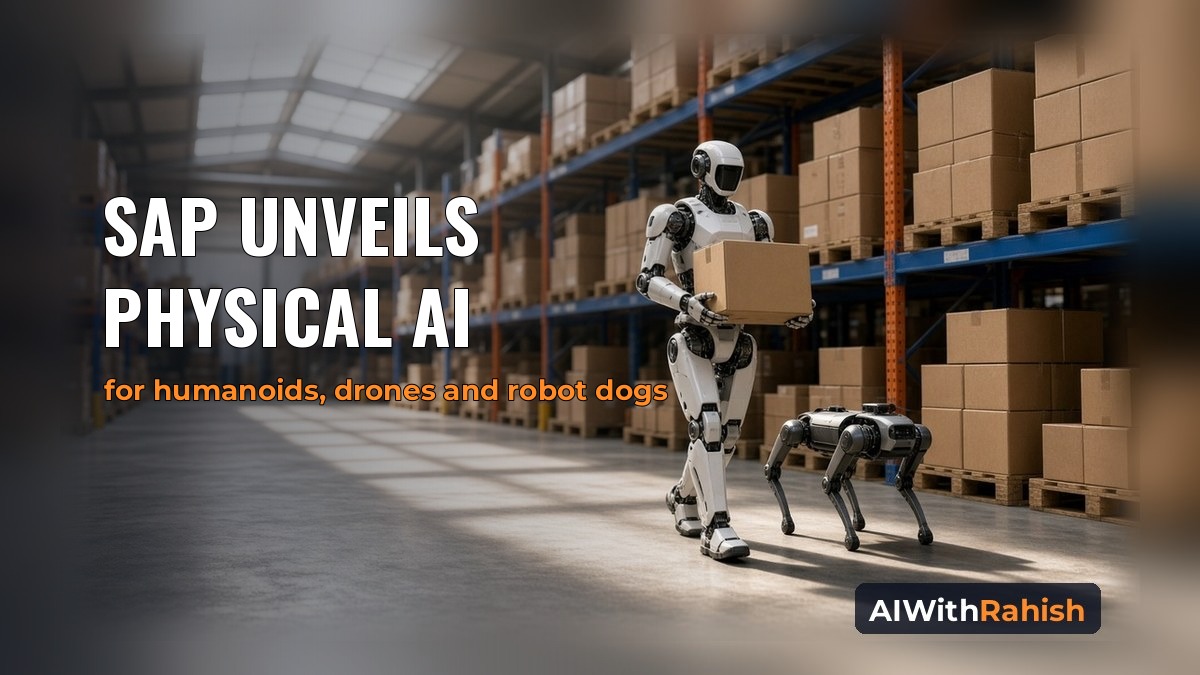 A white humanoid robot carries a cardboard box past blue and orange pallet racks of cardboard boxes in a sunlit warehouse, a four-legged robot dog walking beside it, with the headline SAP UNVEILS PHYSICAL AI, the orange subline for humanoids, drones and robot dogs, and an AIWithRahish badge in the bottom-right corner