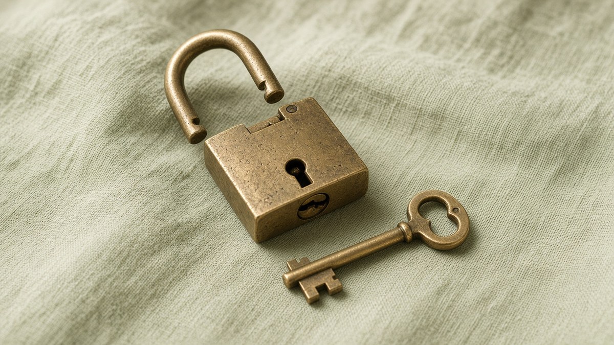 Photo of an unlocked antique brass padlock and key on sage-green linen, representing StepFun releasing Step 5 Preview open weights