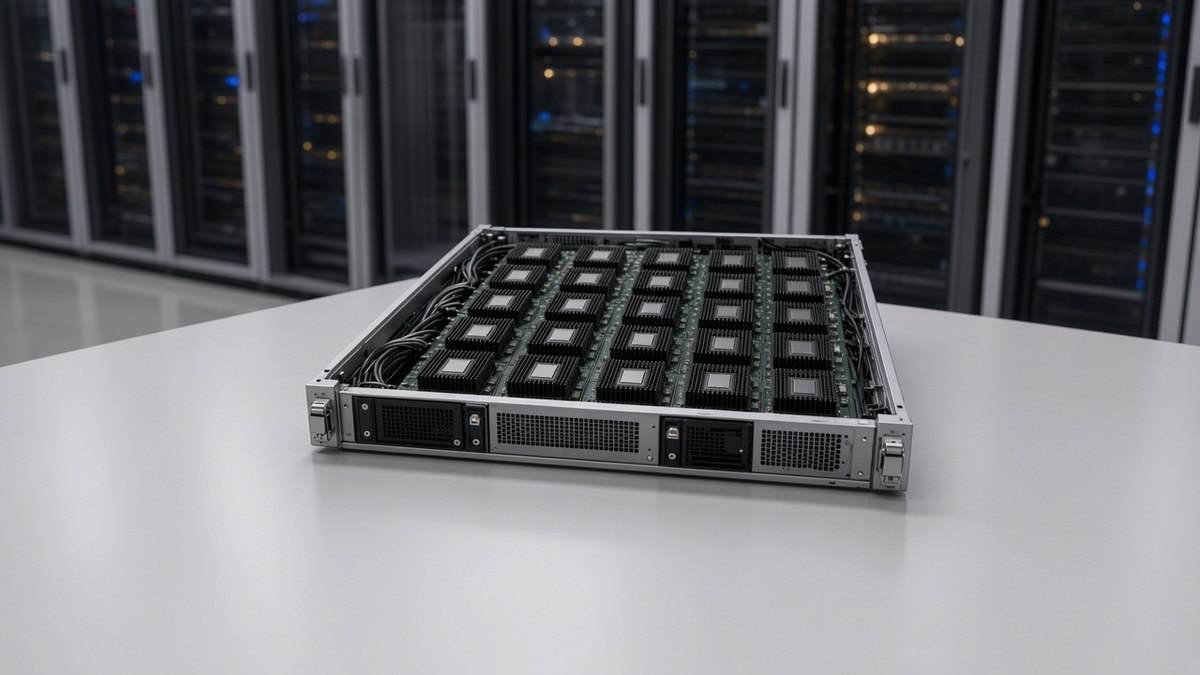 Open AI accelerator server on a workbench showing a grid of chips with black heatsinks, with data-centre racks behind