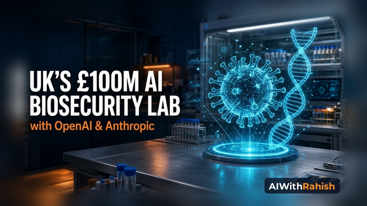 Holographic AI model of a virus and a DNA helix glowing above a steel biosecurity lab bench, with the headline UK's £100M AI Biosecurity Lab with OpenAI & Anthropic and an AIWithRahish badge