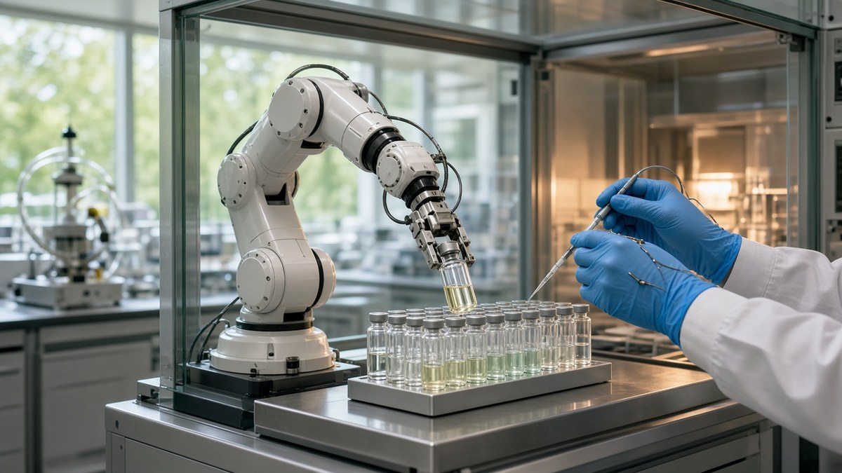 A white robotic arm inside a glass fume hood places a vial of pale yellow liquid into a rack of vials while a chemist's blue-gloved hands hold a pipette in a bright chemistry lab