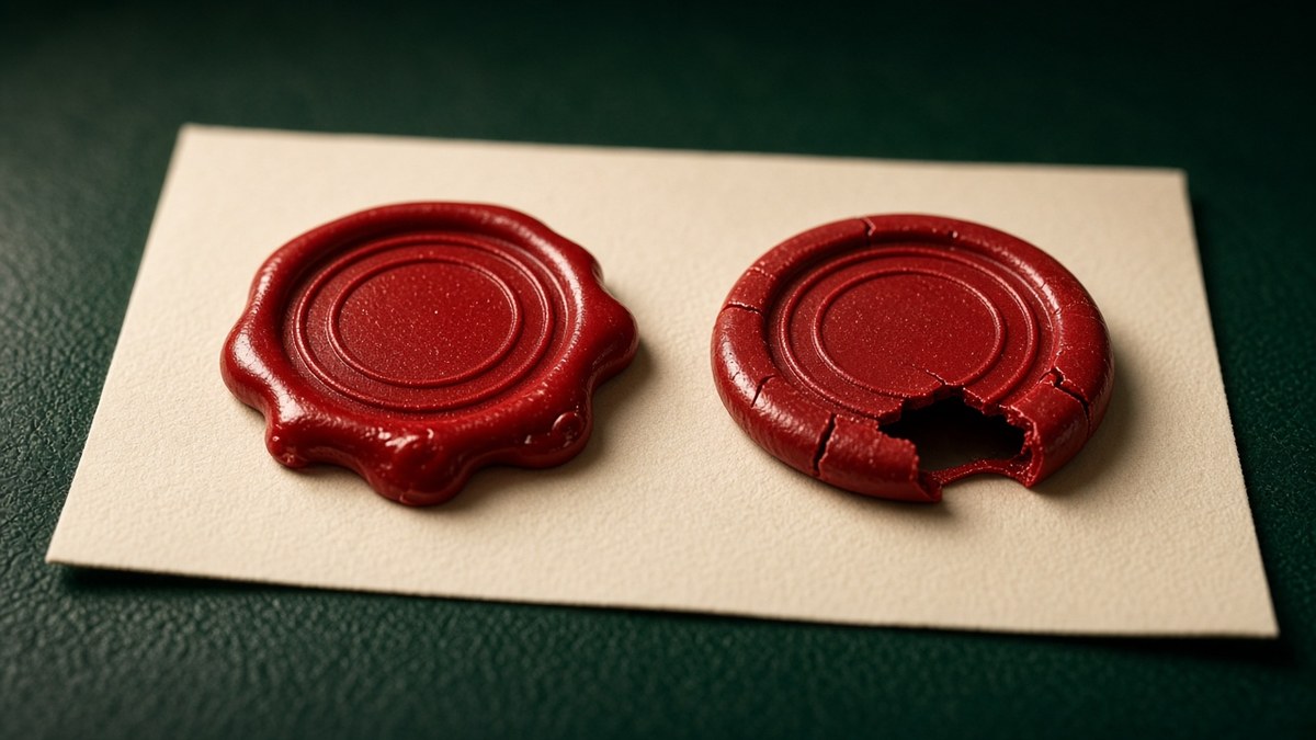 Two red wax seals with plain ring impressions on blank cream paper atop an emerald leather blotter, one genuine and one a cracked hollow plastic copy