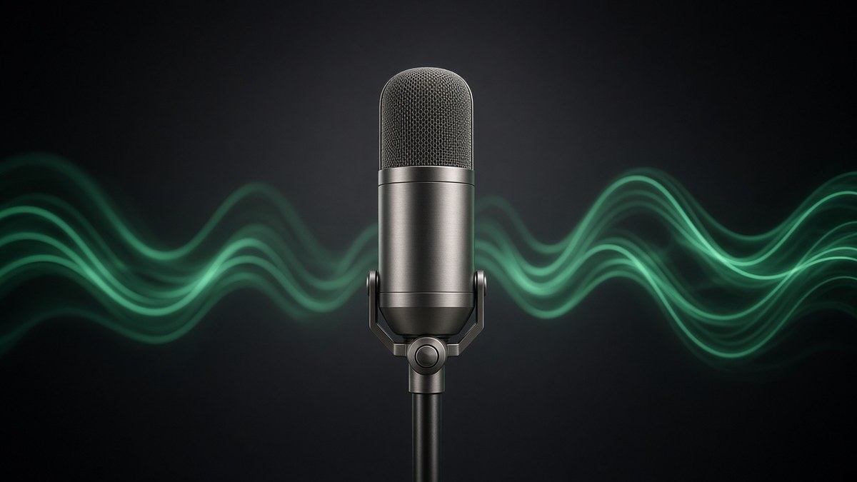 Brushed-titanium studio microphone with glowing green sound waves on a charcoal background